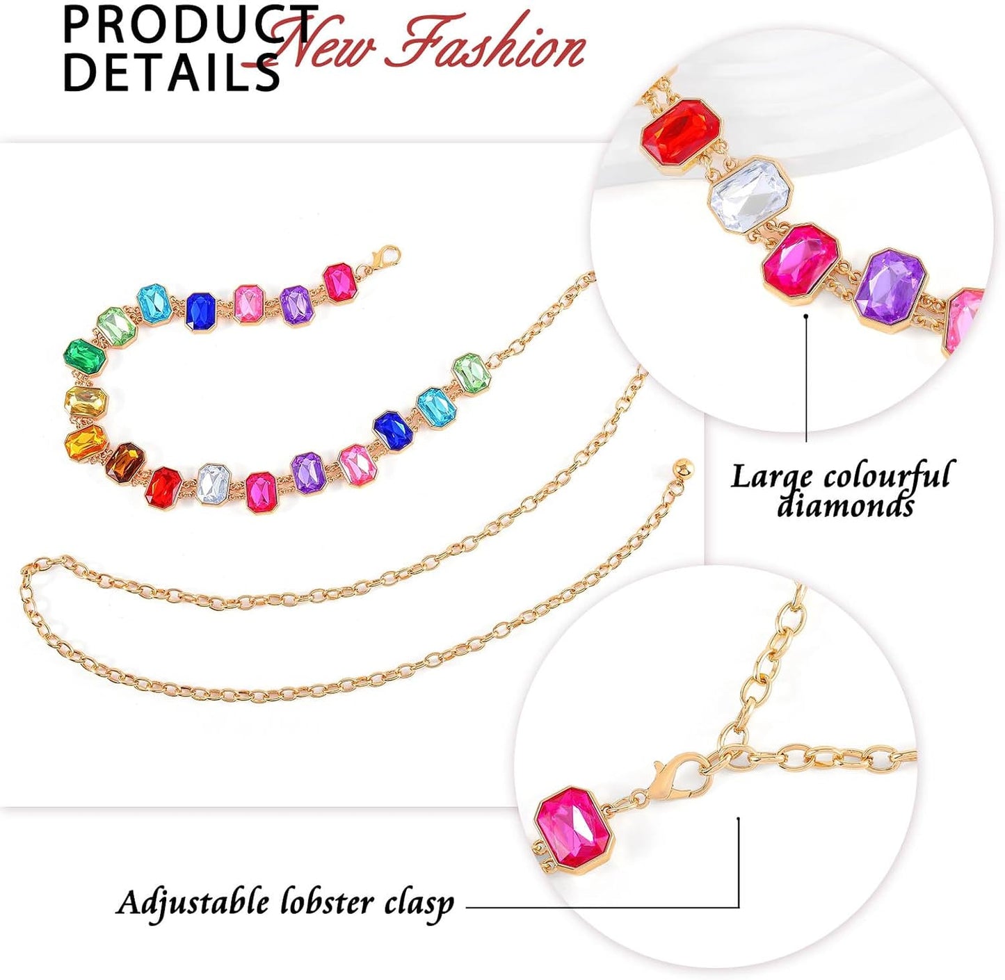 HOTELABEST Rainbow Belt Chain Colorful Waist Chains Rhinestone Gold Jewelry for Women