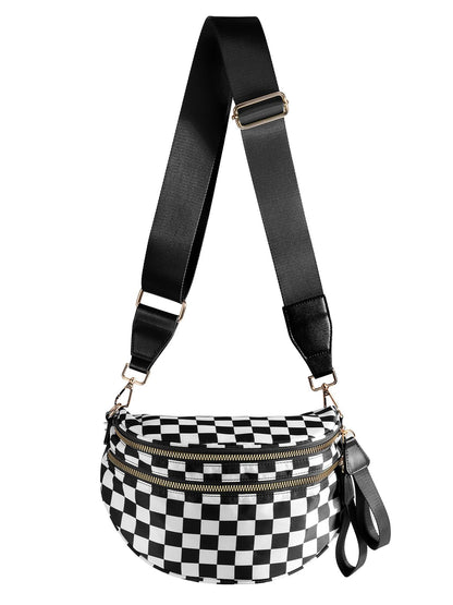 HOTBlack and White Checkered Crossbody Bag Bum Bag for Women,Spacious Checkered Purse Fanny Packs Belt Bag