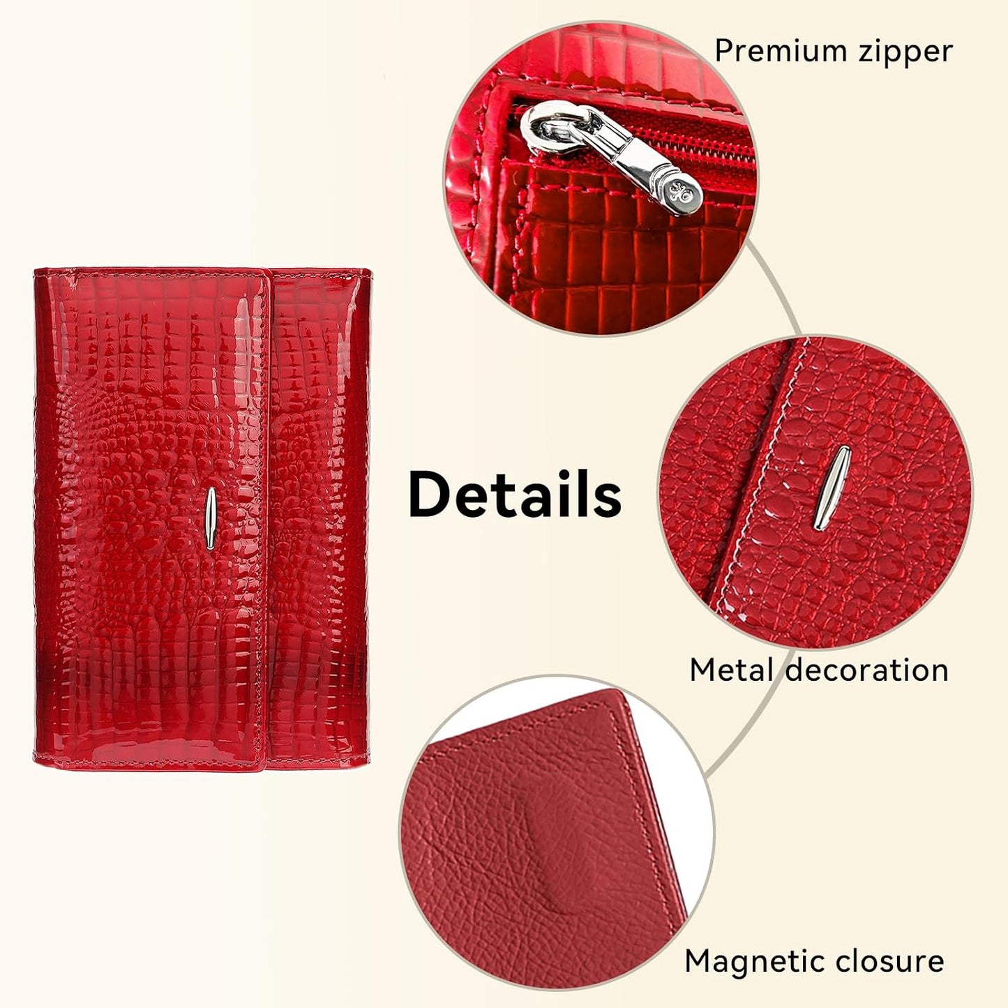 HOTWomen's Wallet Oil-waxed Genuine Leather, Crocodile Embossed Compact Bi-fold Wallet for Women with Magnetic Closure, Multi Card Slots, ID Window, Zipper Pockets (Red)