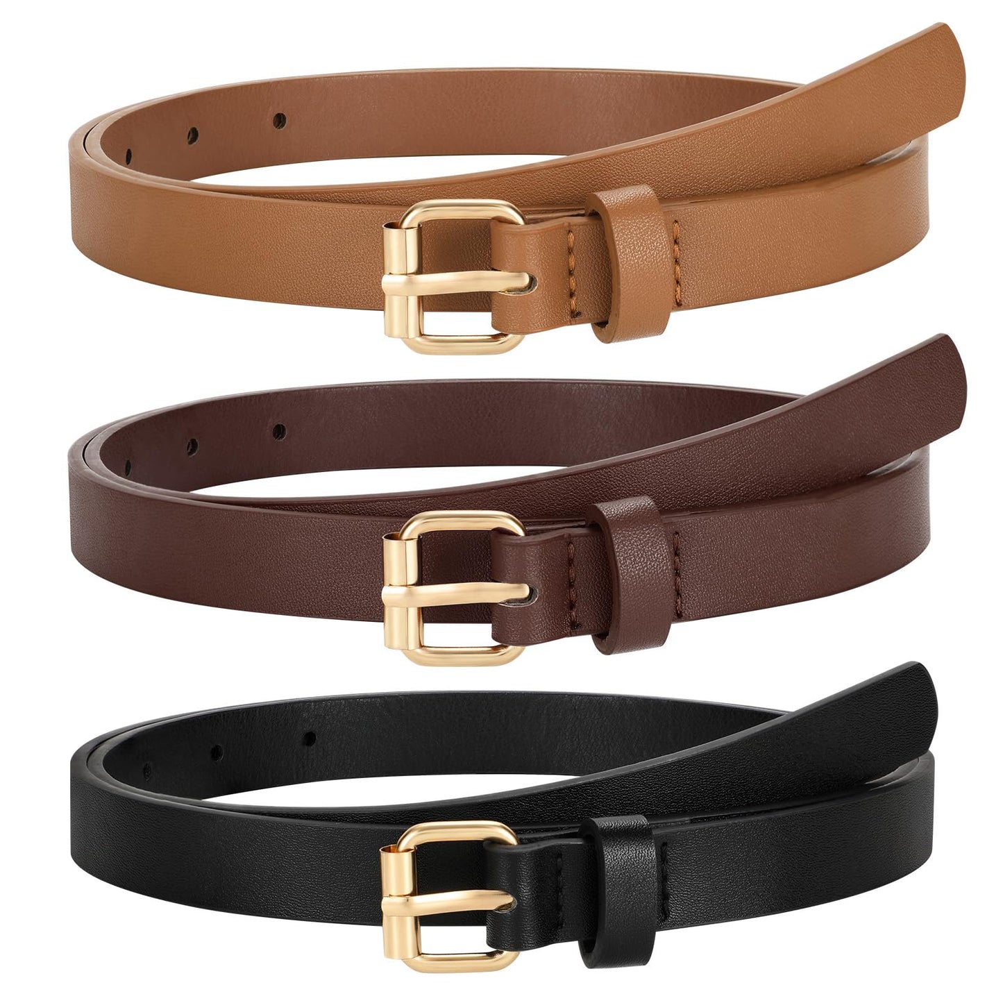 HOTTRIWORKS 3 Pack Women Skinny Leather Belt for Jeans Pants Dress Ladies Thin Waist Belt with Gold Buckle