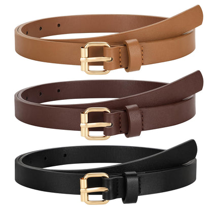 HOTTRIWORKS 3 Pack Women Skinny Leather Belt for Jeans Pants Dress Ladies Thin Waist Belt with Gold Buckle