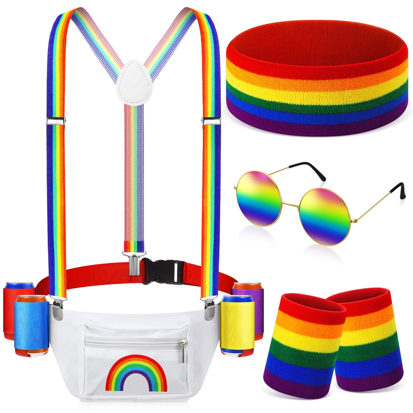 HOTSweetude 4th of July Fanny Pack America Flag Patriotic Outfit Set 250 Years Beverage Beer Belt Costume Set Accessories with USA Drink Holder Sunglasses Striped Sweatband
