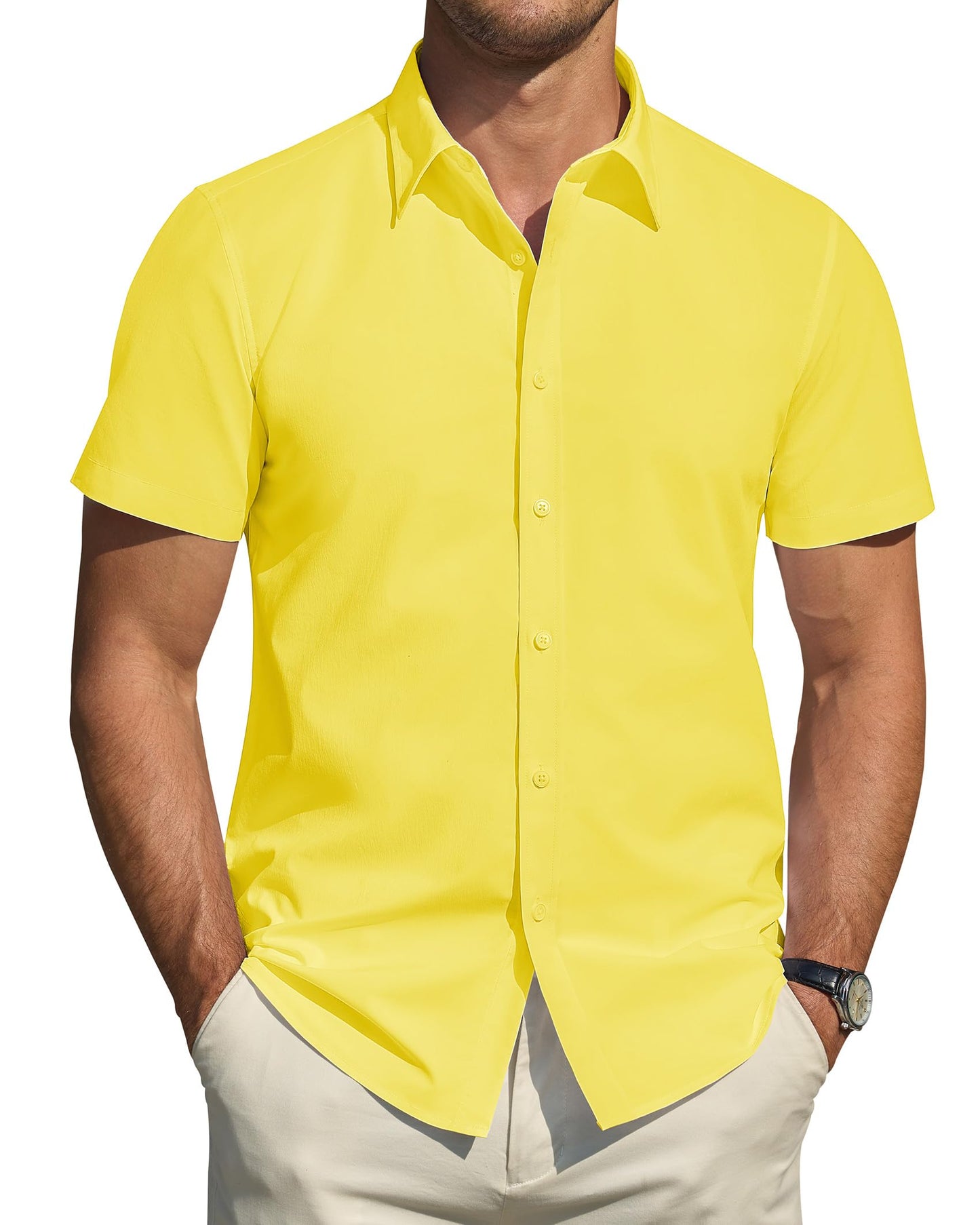 HOTJ.VER Men's Short Sleeve Dress Shirts Stretch Stain Shield Casual Button Down Shirts Solid Formal Shirt