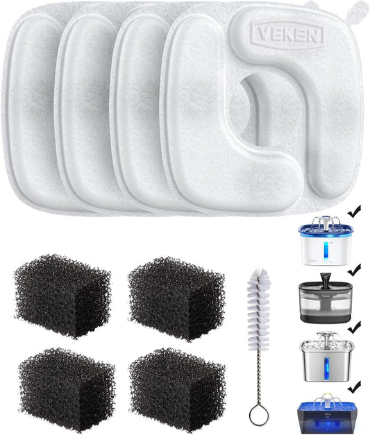 HOTVeken Cat Water Fountain Filters, 4 Pack Replacement Filters & 4 Pack Replacement Pre-Filter Sponges Set for 50oz, 84oz, 95oz or 108oz Automatic Pet Fountain Dog Water Dispenser