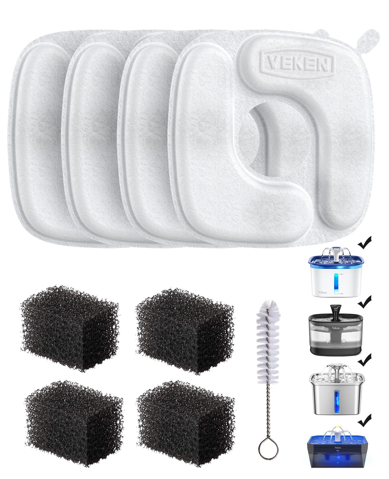 HOTVeken Cat Water Fountain Filters, 8 Pack Replacement Filters & 8 Pack Replacement Pre-Filter Sponges Set for 50oz, 84oz, 95oz or 108oz Automatic Pet Fountain Dog Water Dispenser