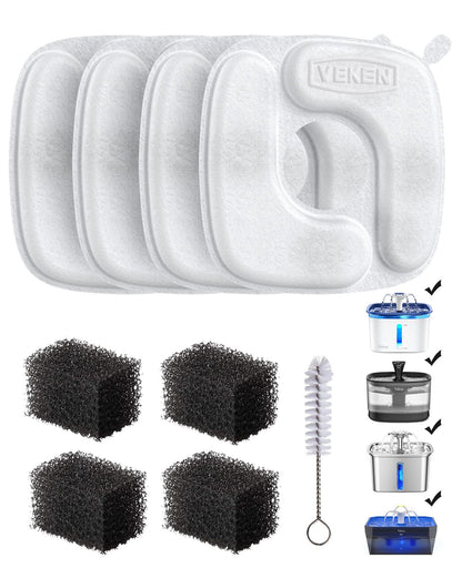 HOTVeken Cat Water Fountain Filters, 4 Pack Replacement Filters & 4 Pack Replacement Pre-Filter Sponges Set for 50oz, 84oz, 95oz or 108oz Automatic Pet Fountain Dog Water Dispenser