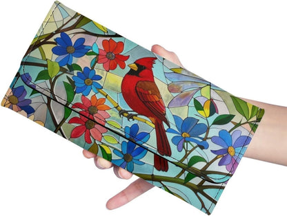 HOTNorth Cardinals Bird Women Wallet Long Trifold Checkbook Wallets with Zipper Pocket, Mosaic Art Birds Flowers Credit Card Holder PU Leather Billfold Wallet Purse