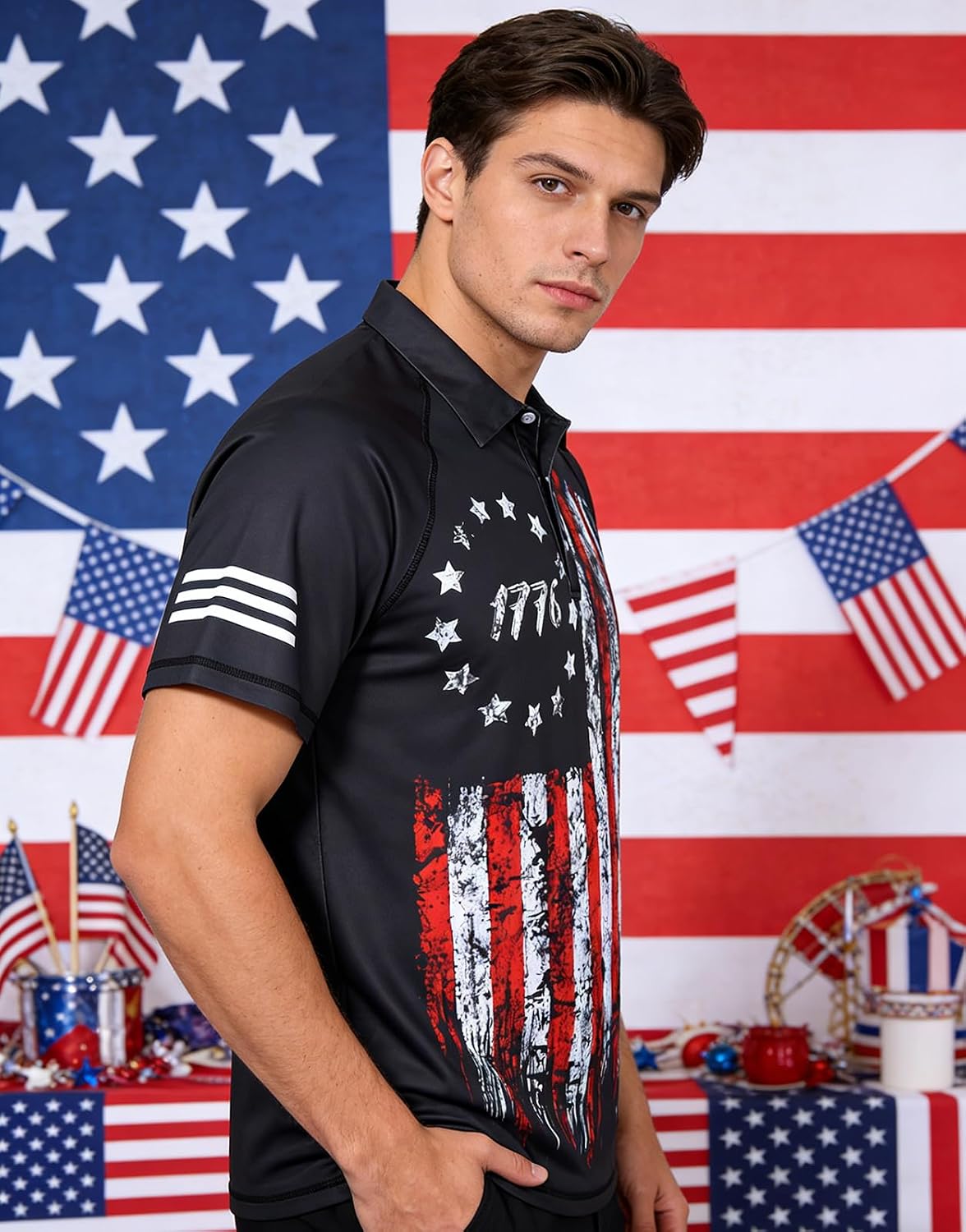 HOTRAISEVERN Mens American Flag Print Golf Polo Shirt Patriotic Raglan Sleeve Tees