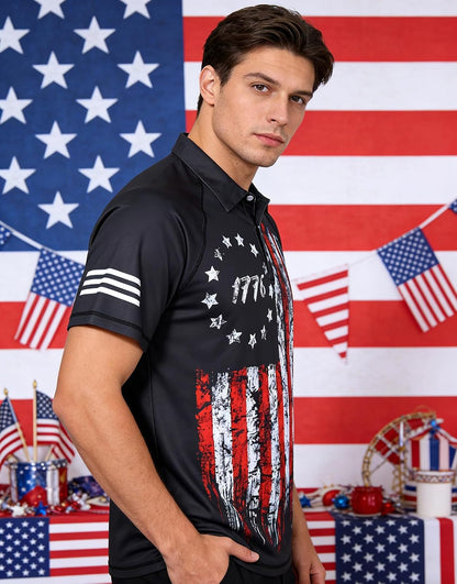 HOTRAISEVERN Mens American Flag Print Golf Polo Shirt Patriotic Raglan Sleeve Tees