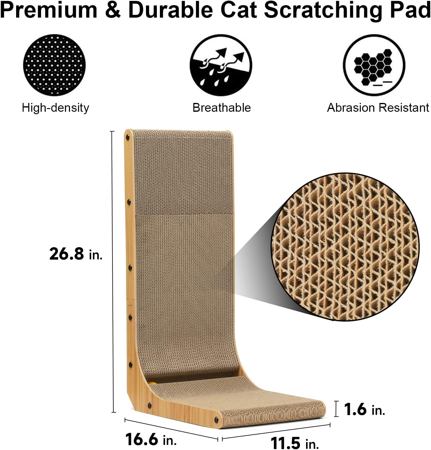 HOTFUKUMARU Cat Scratcher, 26.8 Inch L Shape Cat Scratch Pad Wall Mounted, Cat Scratching Cardboard with Ball Toy for Indoor Cats, Large Size