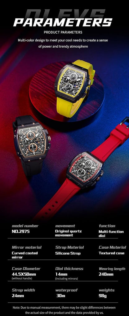HOTOLEVS Men Watches Business Dress Chronograph Big Square Quartz Analog Male Watch Silicone Strap Waterproof Date Gift Mens Wrsit Watch Silver