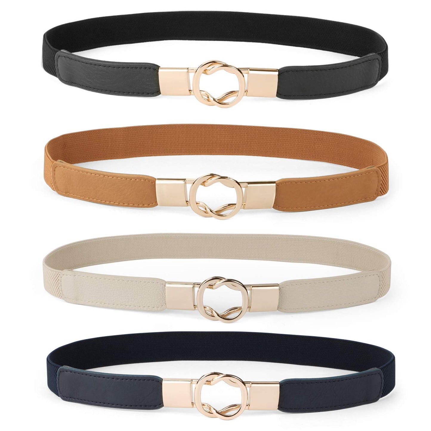 HOTWERFORU Women Skinny Belt for Dresses Retro Stretch Waist Belt with Gold Buckle Set of 4