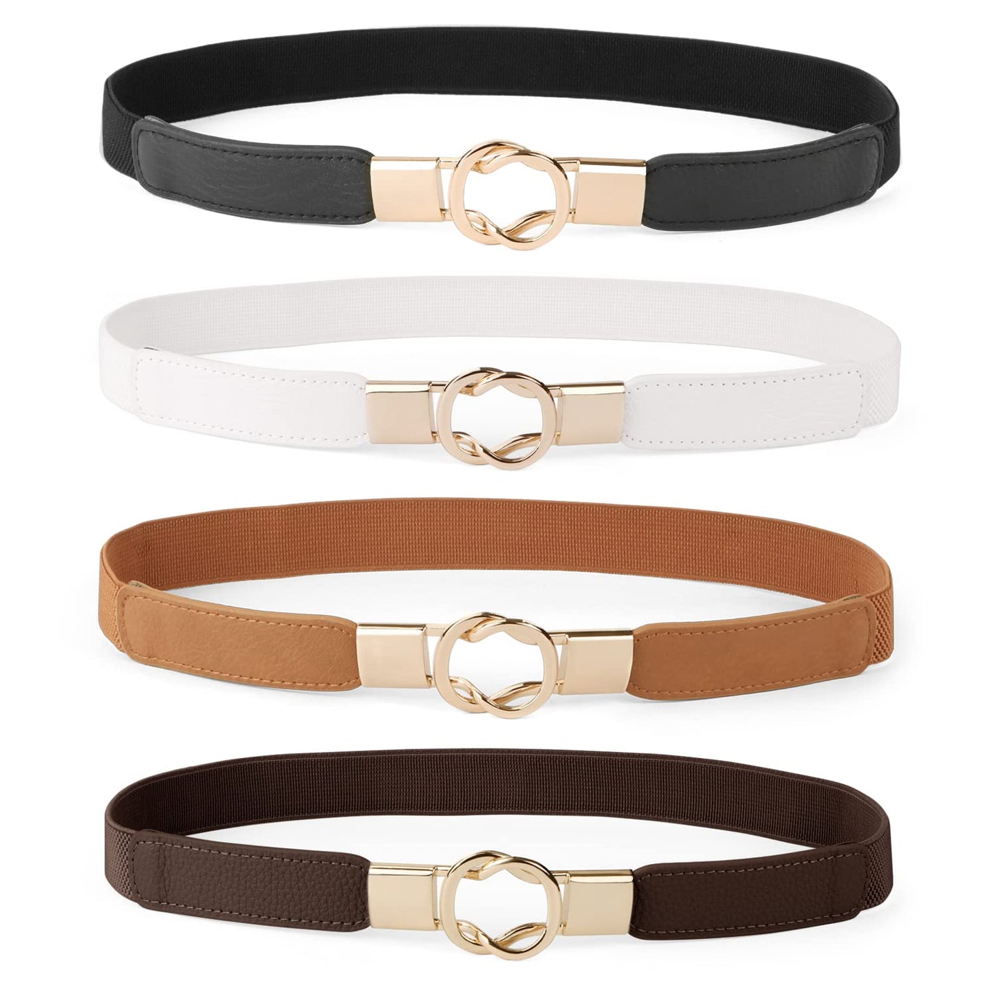 HOTWERFORU Women Skinny Belt for Dresses Retro Stretch Waist Belt with Gold Buckle Set of 4