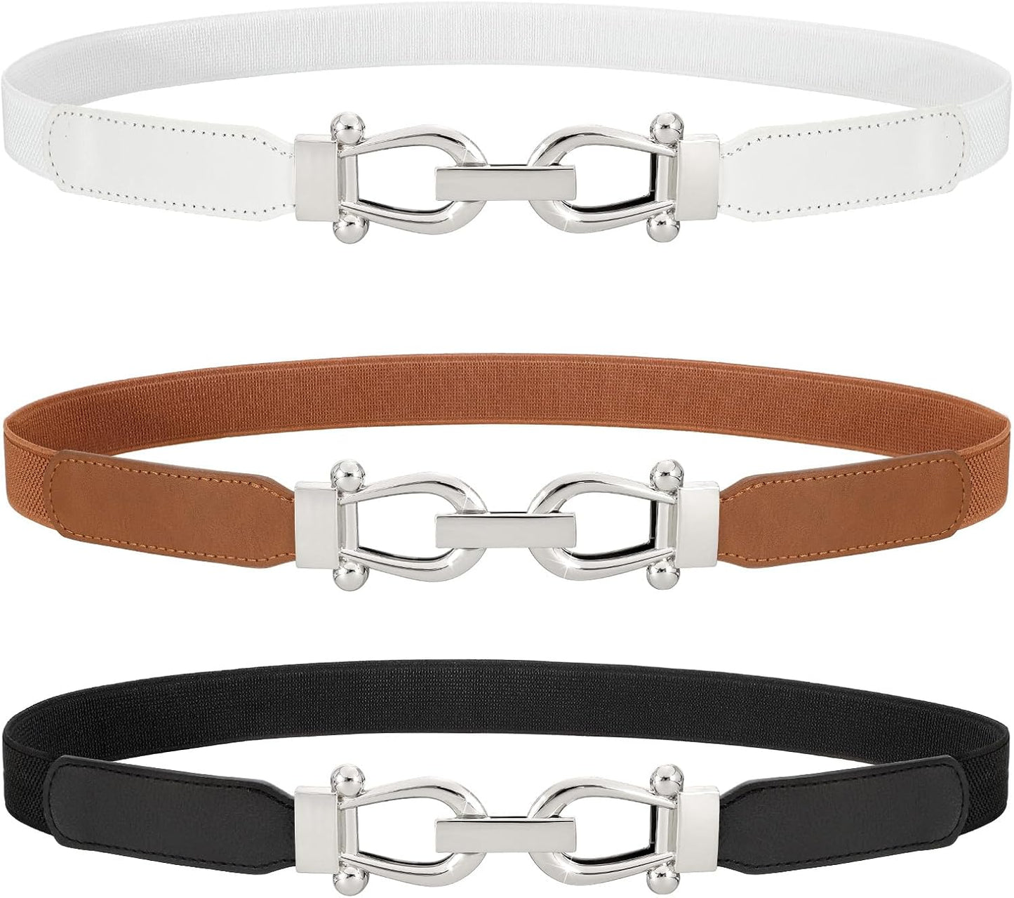 HOTWERFORU 3 Pack Women Skinny Elastic Waist Belt Gold Buckle Stretchy Thin Belt for Jeans Dress