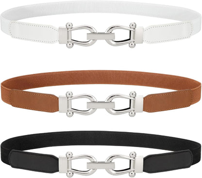 HOTWERFORU 3 Pack Women Skinny Elastic Waist Belt Gold Buckle Stretchy Thin Belt for Jeans Dress