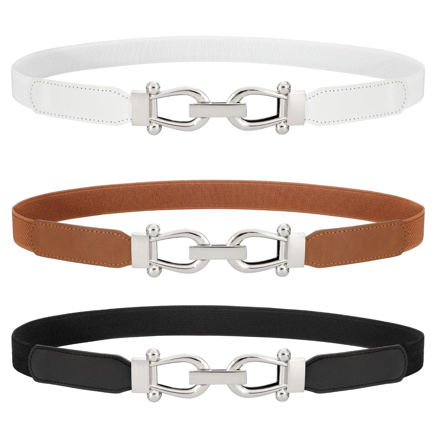 HOTWERFORU 3 Pack Women Skinny Elastic Waist Belt Gold Buckle Stretchy Thin Belt for Jeans Dress