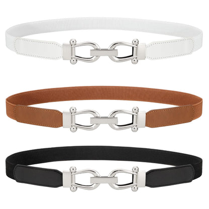 HOTWERFORU 3 Pack Women Skinny Elastic Waist Belt Gold Buckle Stretchy Thin Belt for Jeans Dress