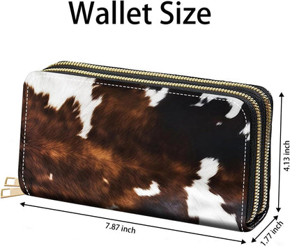 HOTBrown Cow Print Women's Large Capacity Wallet PU Leather Double Zipper Clutch Purse for Cash/Card/Coin/Smart Phone