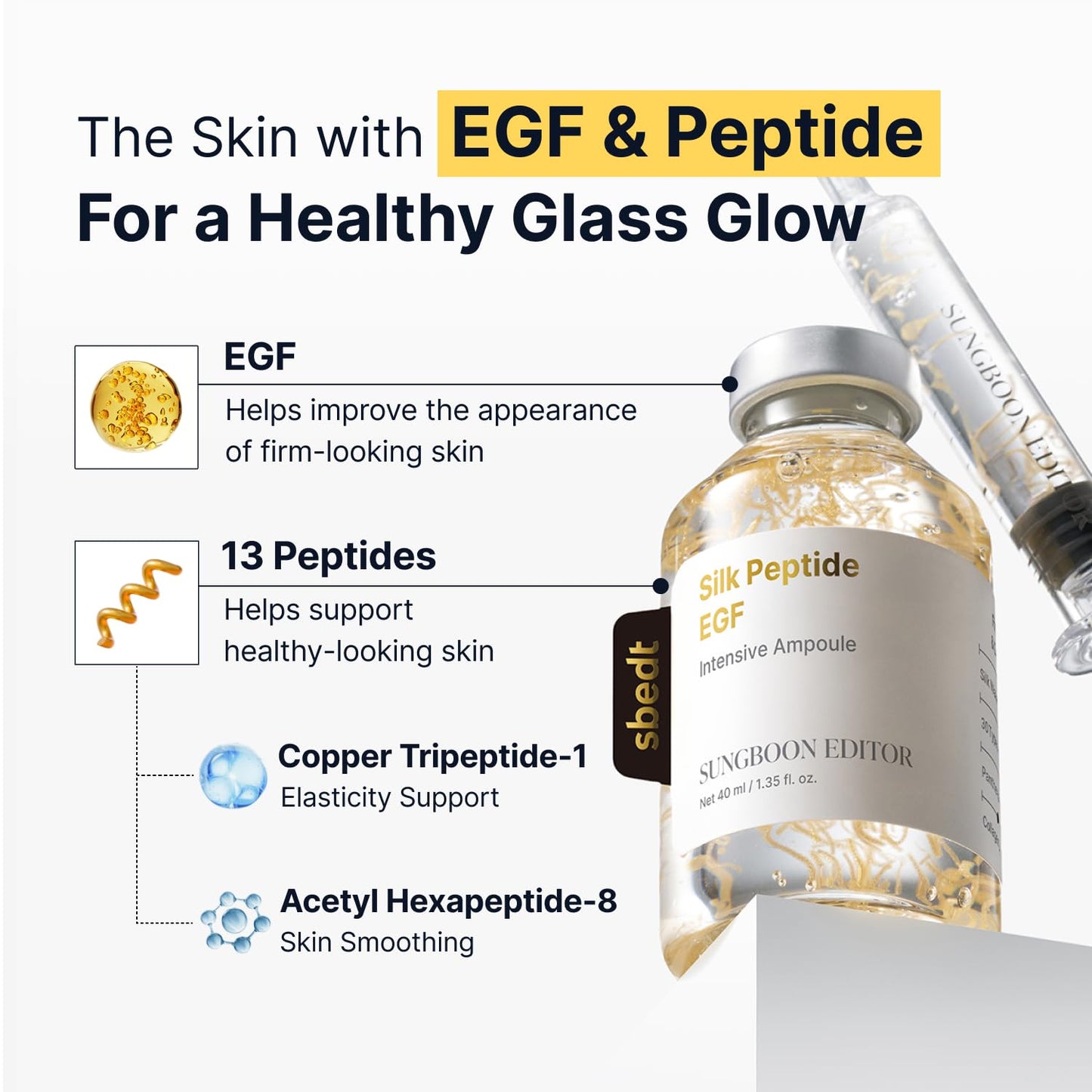 HOTSUNGBOON EDITOR Glow Intensive Deep Collagen Silk Peptide EGF Ampoule, Copper Peptides Serum for Face with Multi Peptides, Hydrating Korean Skincare Facial Serum for Smooth-Looking Skin, 1.35 fl oz