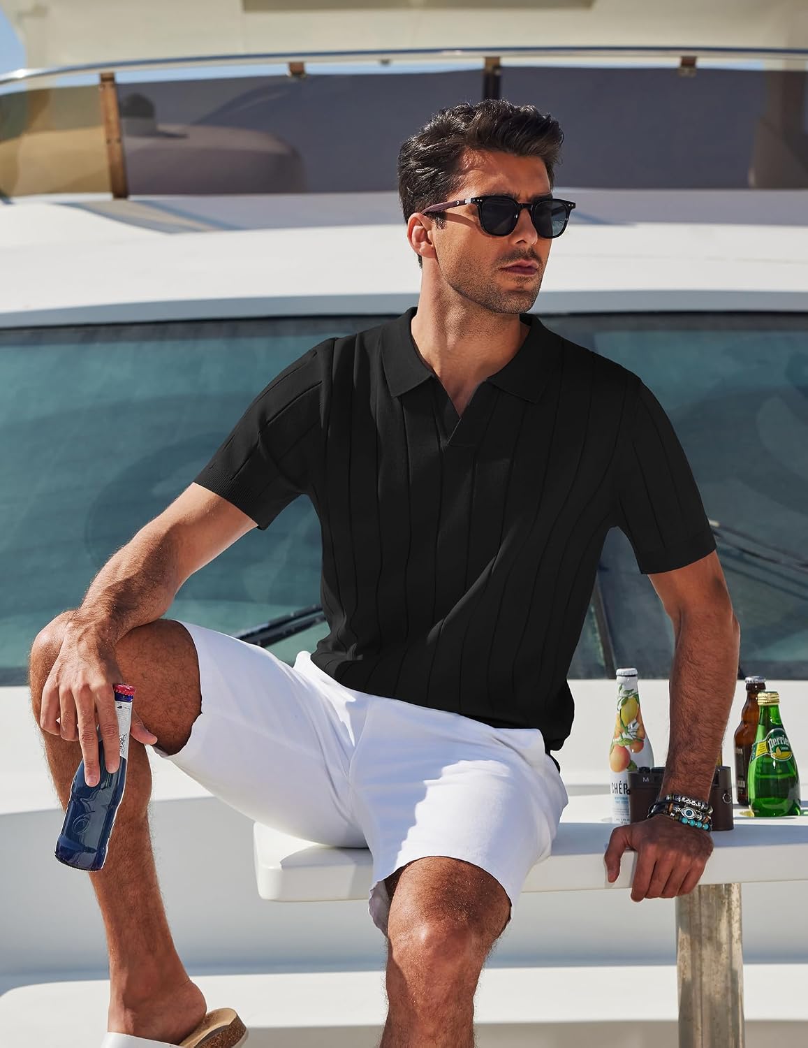 HOTCOOFANDY Mens Polo Shirts Short Sleeve V Neck Knit Shirts for Men Casual Old Money Clothes Mens Golf Shirt