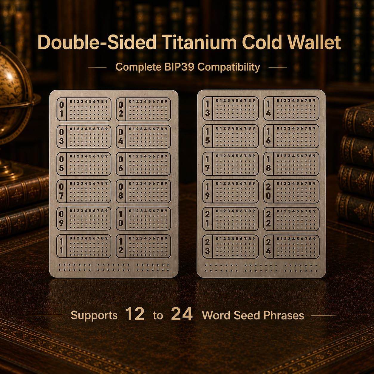 HOTTitanium Crypto Seed Phrase Plate, TC4 Backup, BIP39 12/24 | TC4 titanium alloy, One-piece plate, BIP39 compatible, 12 & 24 words, Tungsten punch, Metal storage case