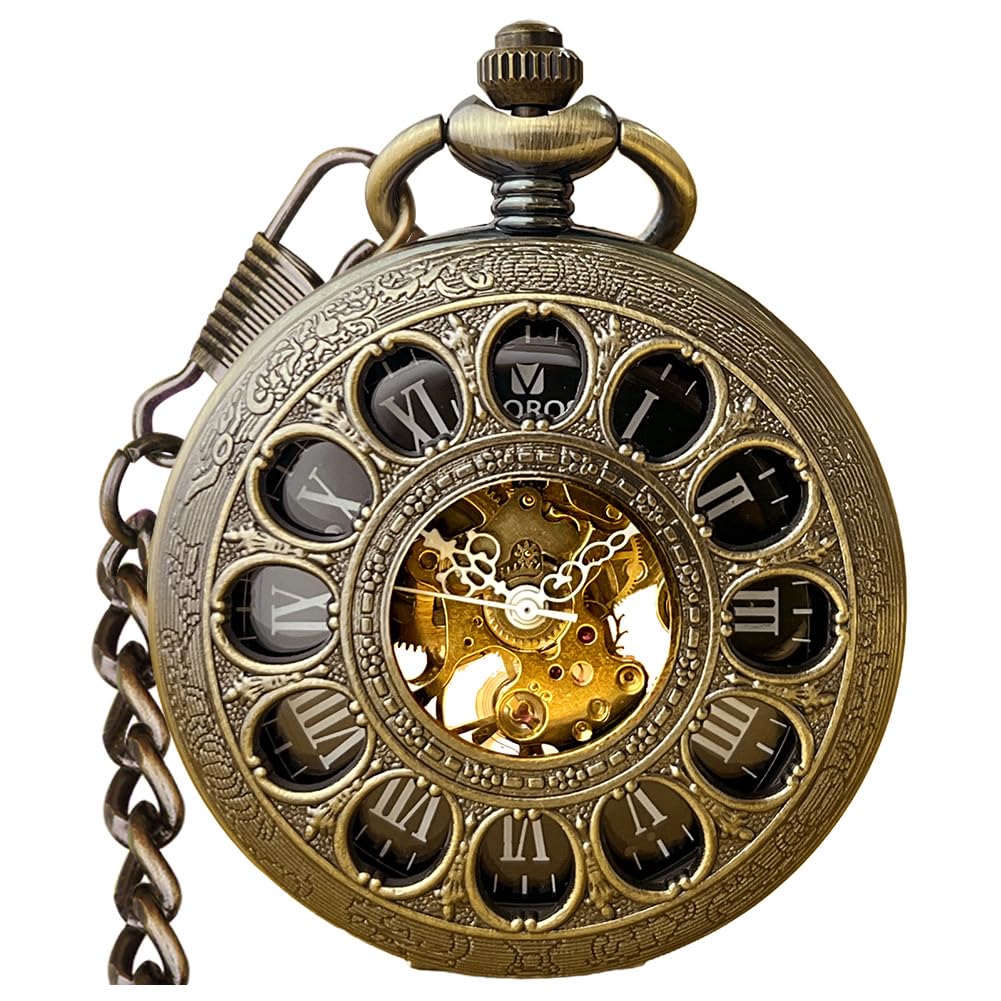 HOTVIGOROSO Mechanical Pocket Watches for Men Skeleton Pocket Watch with Chain | Vintage gold men's pocket watch,Hand wind up mechanical,Roman No. analog pocketwatch,Reloj de bolsillo para hombre,Gift ideal