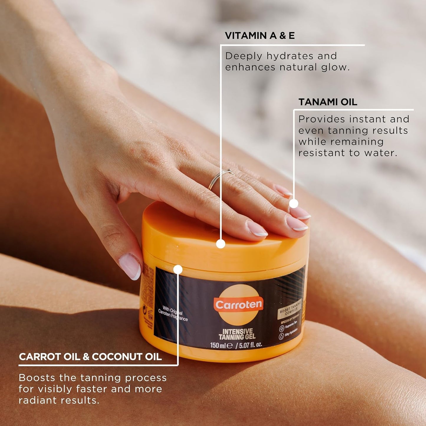 HOTCarroten Intensive Tanning Gel, Browning Tan Accelerator, 5 oz | Non-Greasy, Water-Resistant with Carrot and Coconut Oil, Vitamin A & E For Moisture & Hydration, Made in Greece