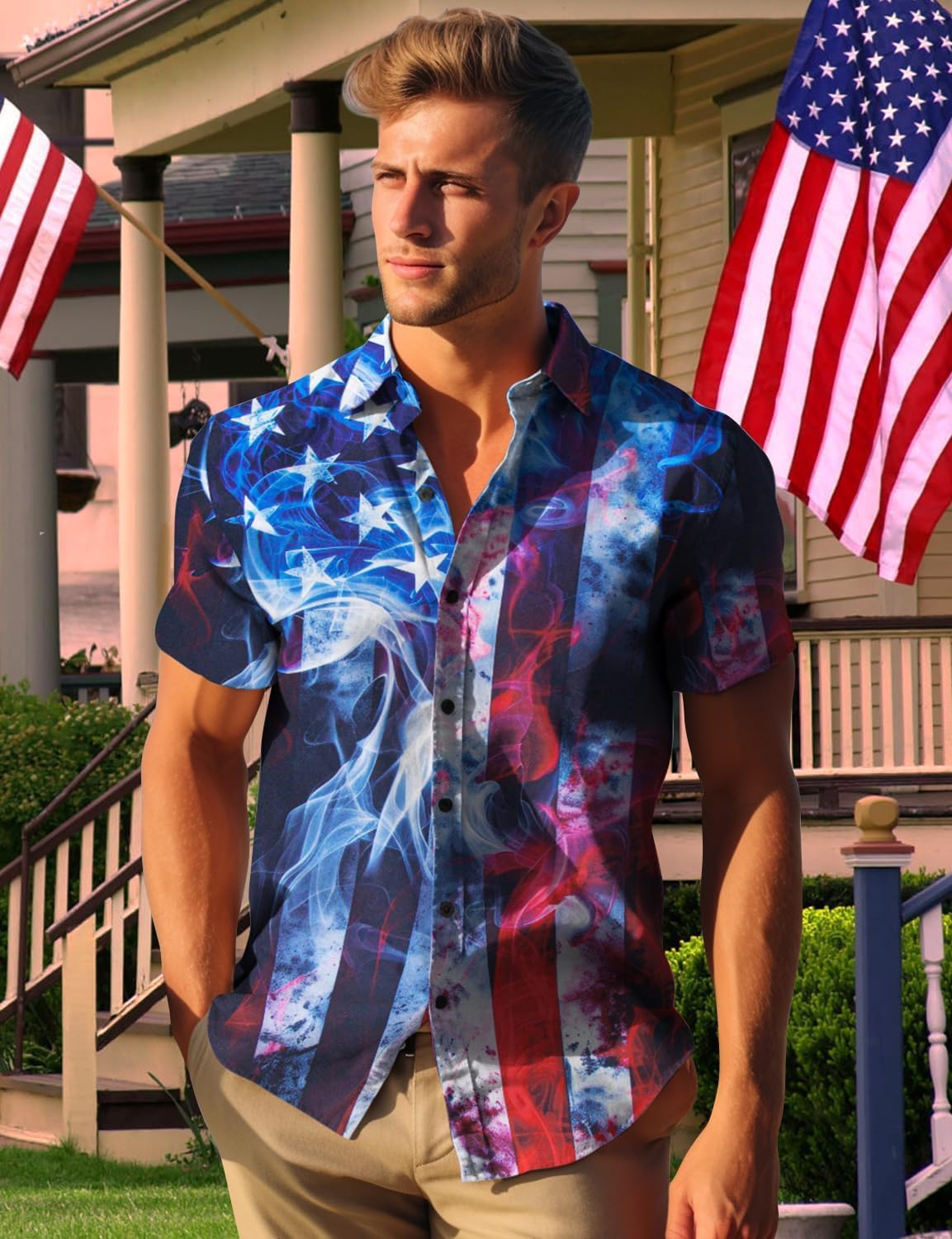 HOTYoimira 4th of July Shirts for Men,Patriotic Grunge Concept USA Flag Button-Down Casual Short Sleeve Hawaiian Shirts for Men