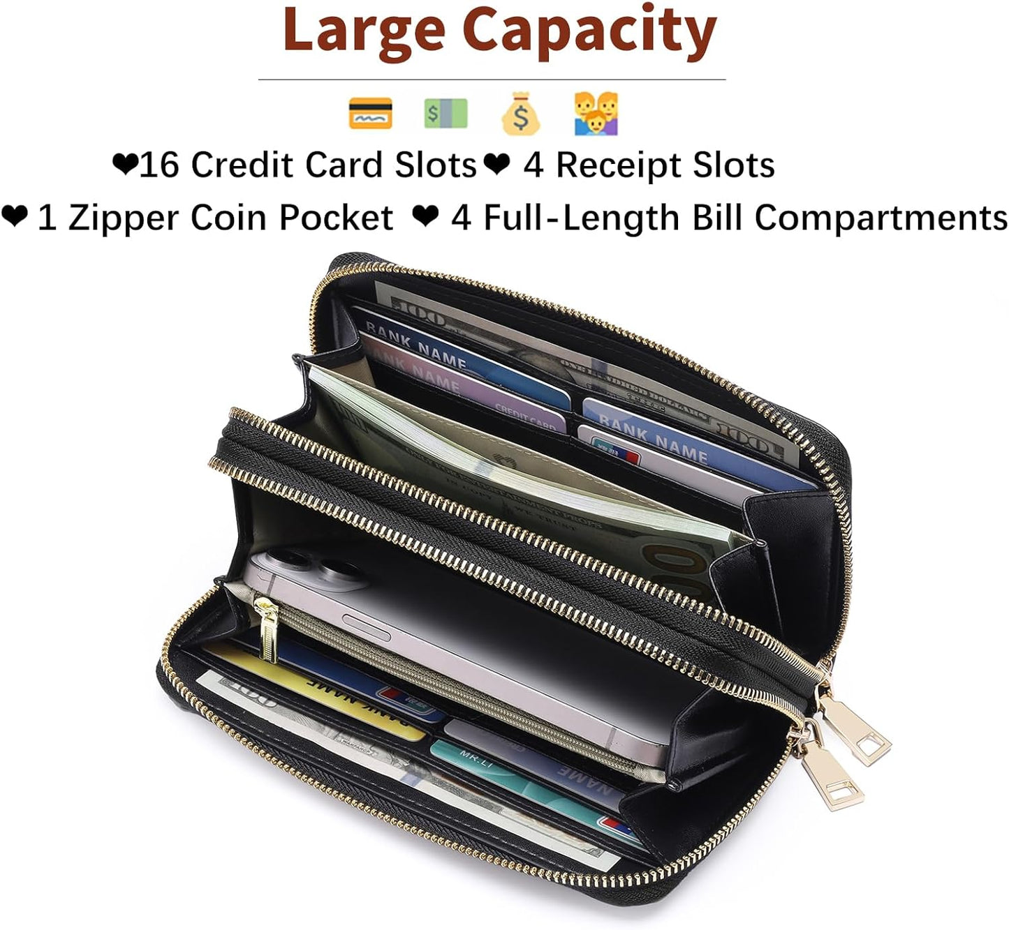 HOTGOIACII Women's Wallet Large Capacity Double Zip Ladies Card Phone Holder RFID Blocking Wristlet Leather