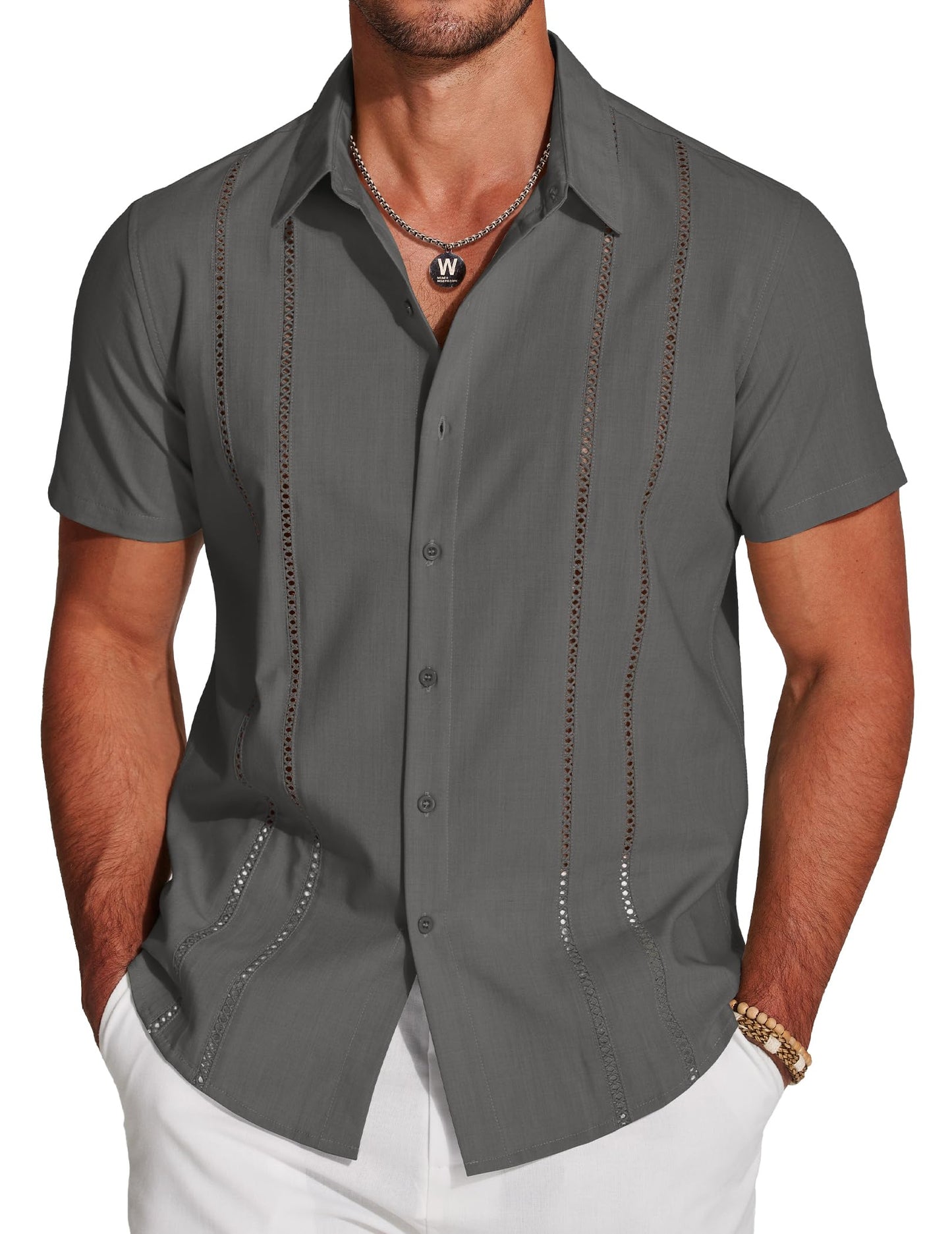 HOTCOOFANDY Men's Cuban Guayabera Shirt Short Sleeve Button Down Shirts Casual Summer Beach Linen Shirts
