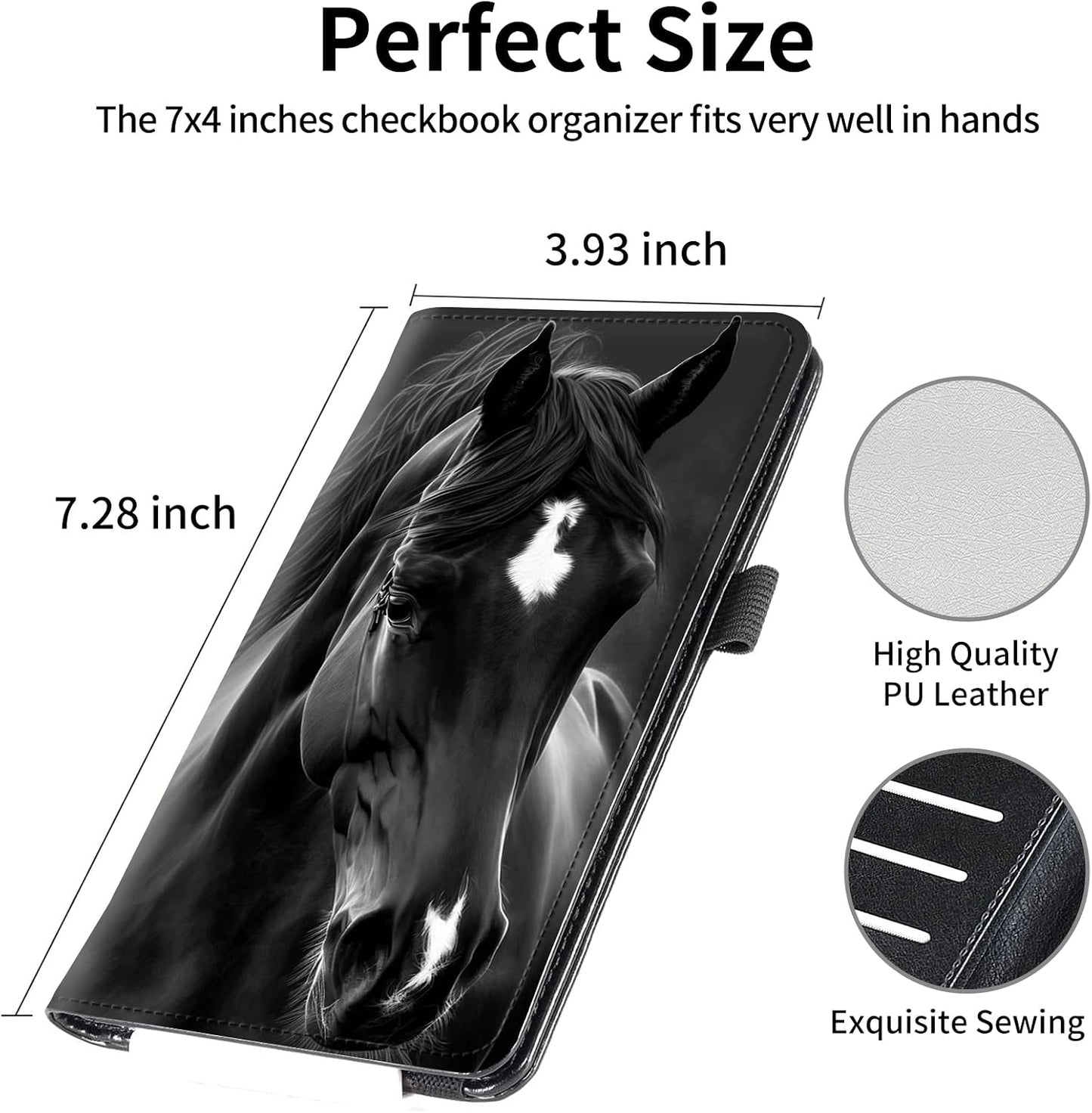 HOTFUYOCWE Leather Checkbook Covers for Men Women Check book Holder Cover Wallets for Personal Checkbook Duplicate Checks with RFID Blocking & Elastic Strap-Beautiful Black Horse