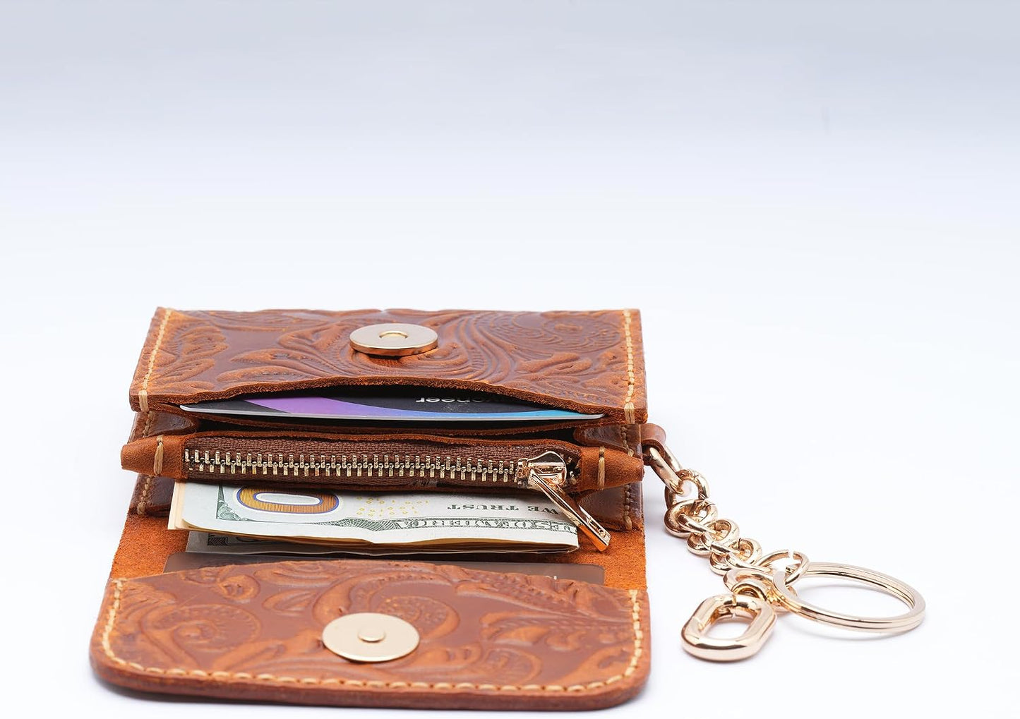 HOTHandmade Keychain Wristlet Wallets for Women, Western Floral Leather Small Credit Card Holder with Zipper, Minimalist & Cute Coin Pouch, Genuine Leather (Camel)