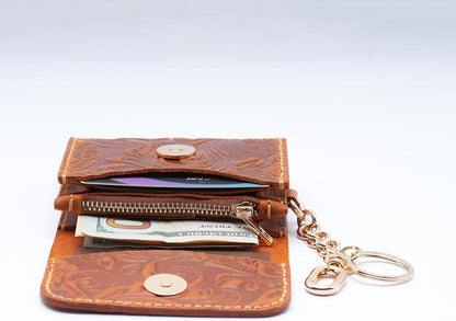 HOTHandmade Keychain Wristlet Wallets for Women, Western Floral Leather Small Credit Card Holder with Zipper, Minimalist & Cute Coin Pouch, Genuine Leather (Camel)