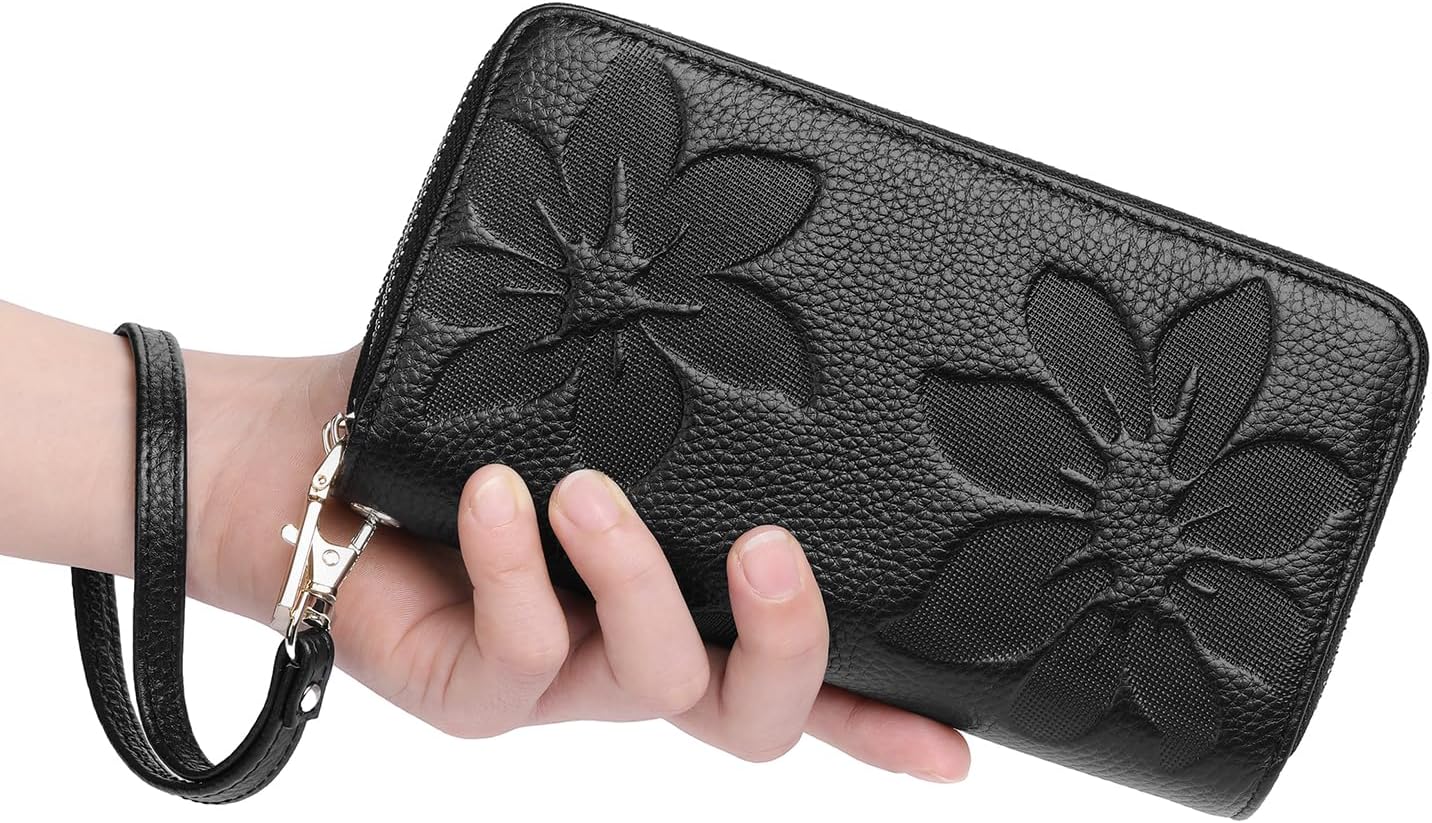 HOTGOIACII Women's Wallet Large Capacity Double Zip Ladies Card Phone Holder RFID Blocking Wristlet Leather