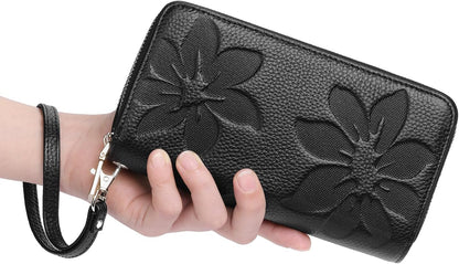 HOTGOIACII Women's Wallet Large Capacity Double Zip Ladies Card Phone Holder RFID Blocking Wristlet Leather