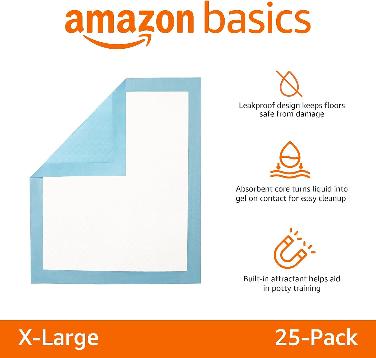 HOTAmazon Basics Super Absorbent Dog and Puppy Potty Pads, Leak-Proof 5-Layer Design with Quick-Dry Surface for Housebreaking, Heavy Duty Absorbency, X-Large, 28 x 34 Inch, Blue & White, 25-Pack
