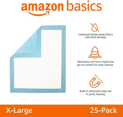 HOTAmazon Basics Super Absorbent Dog and Puppy Potty Pads, Leak-Proof 5-Layer Design with Quick-Dry Surface for Housebreaking, Heavy Duty Absorbency, X-Large, 28 x 34 Inch, Blue & White, 25-Pack