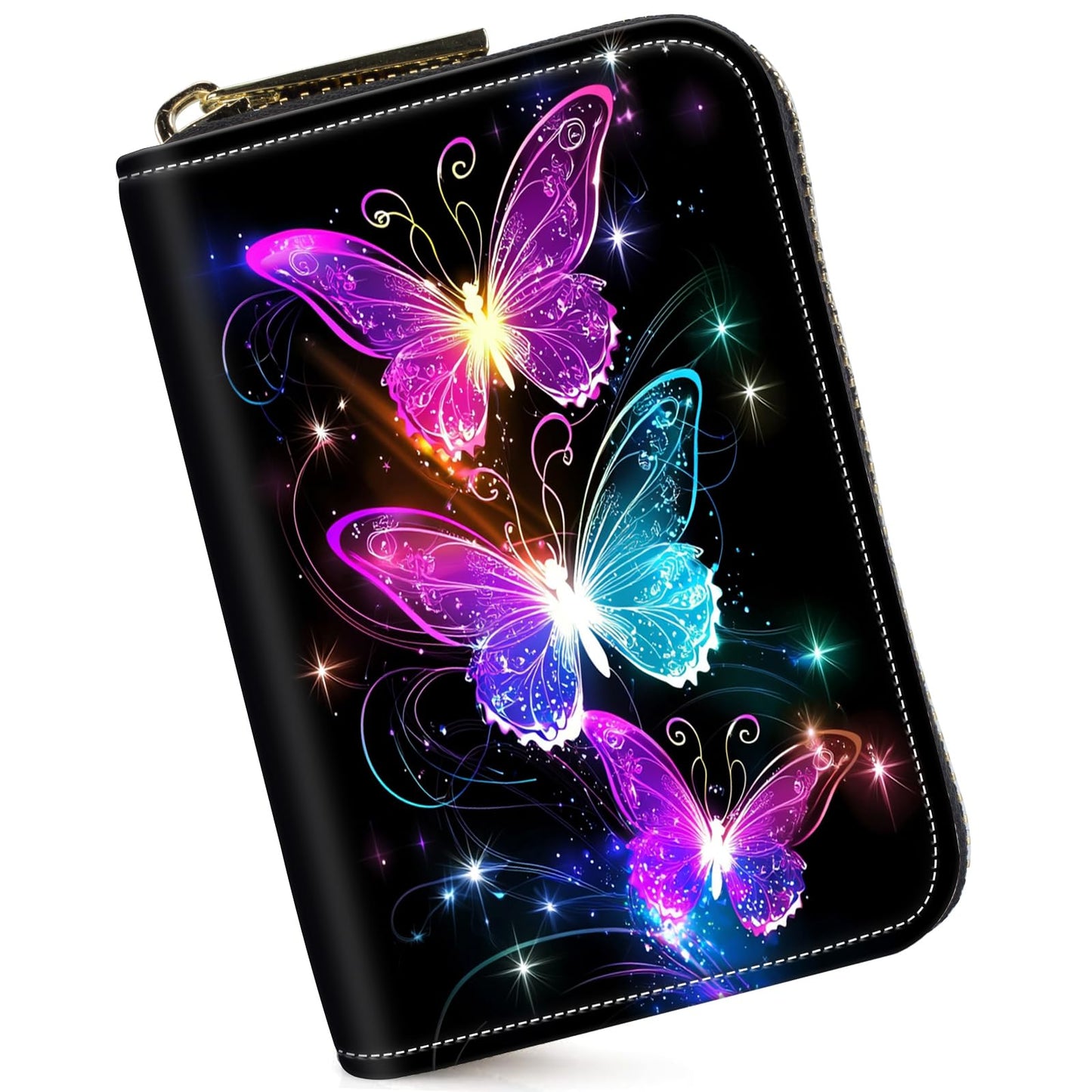 HOTCredit Card Holder for Women Men,RFID Blocking Small Card Case Wallet with Zipper,Leather Pocket Business Card Accordion Wallet-Green Dragonfly