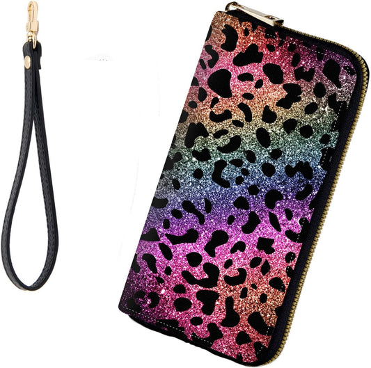 HOTRFID-Blocking Zip Around Wallets for Women with Detachable Wrist Strap, Large Capacity Credit Card Holder for Secure Everyday Use,Rainbow Glitter Leopard Print