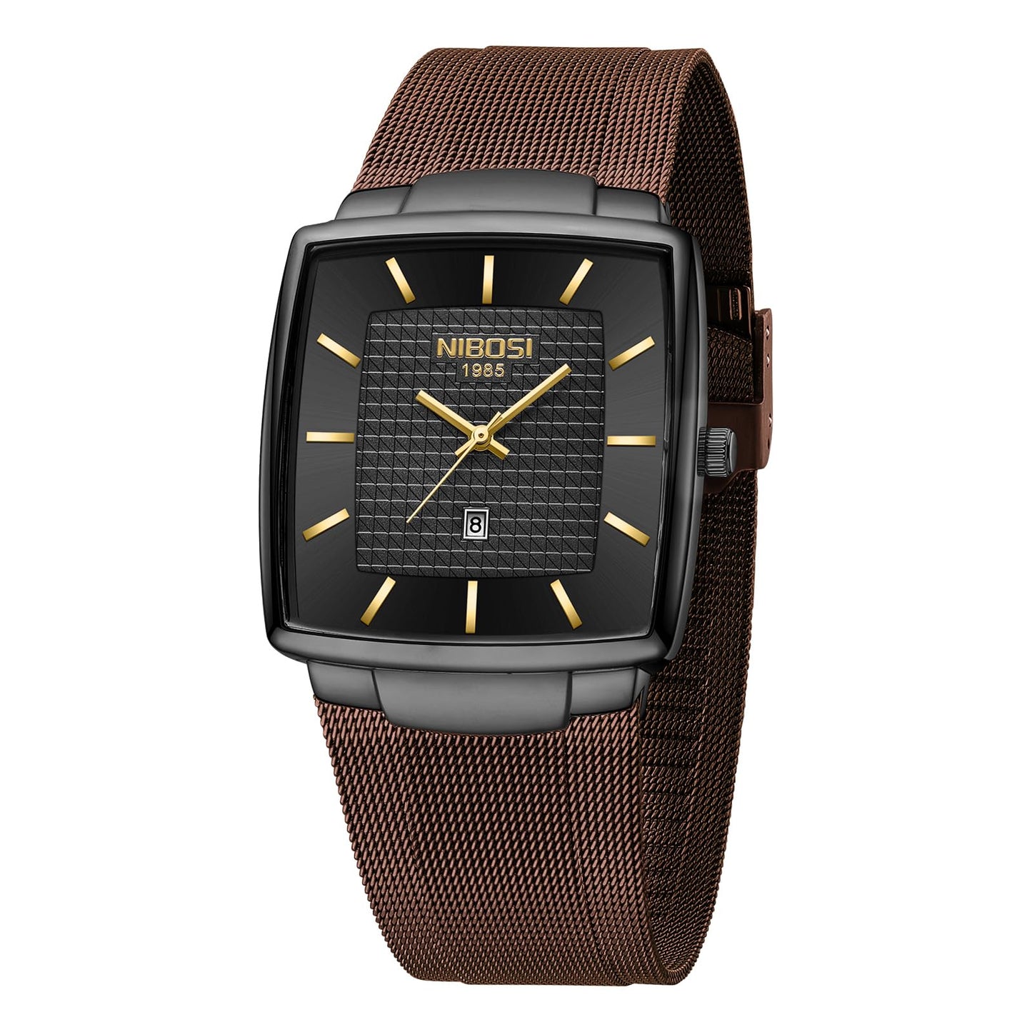 HOTNIBOSI Men's Analog Watch, Square Dial Mesh Strap, Date Display | 100 FT Waterproof, Fashion Casual Sports Business Classic Dress Quartz Wrist Watches for Men