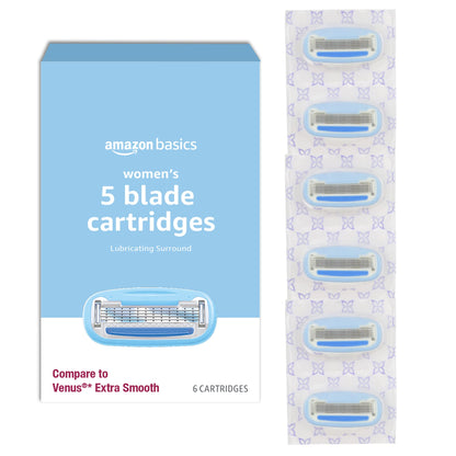 HOTAmazon Basics 5-Blade Razor Handle for Women, Includes 12 Cartridges and Shower Hanger, 14 Piece Set, Blue