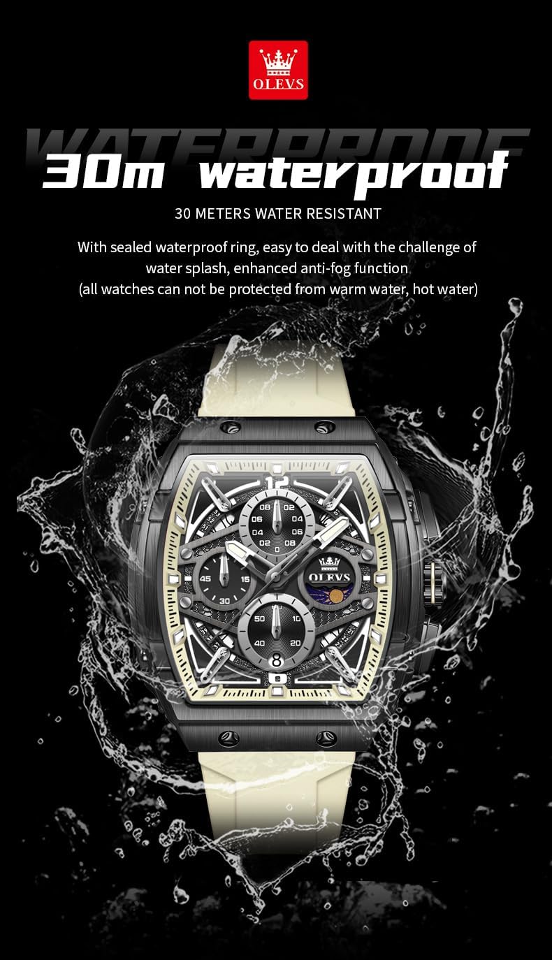 HOTOLEVS Men Watches Business Dress Chronograph Big Square Quartz Analog Male Watch Silicone Strap Waterproof Date Gift Mens Wrsit Watch Silver