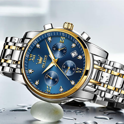 HOTOLEVS Men's Stainless Steel Chronograph Watch, Big Face Gold Silver Black Tone Easy to Read Analog Quartz Watch, Luxury Waterproof Date Diamond Roman Arabic Numerals Dial Dress Watch for Men