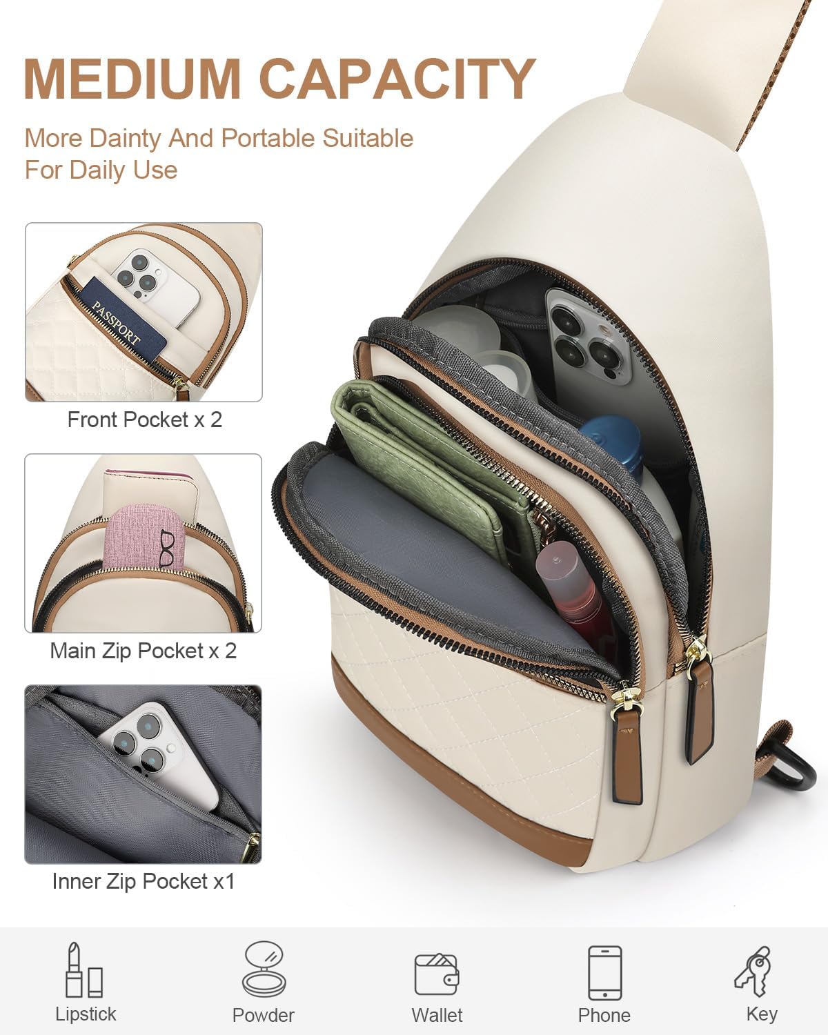 HOTCapolo Sling Bag for Women Men Waterproof Crossbody Bags for Women Trendy Casual Fanny Pack with Convertible Shoulder Strap Chest Bag for Travel Hiking(Beige, Medium)