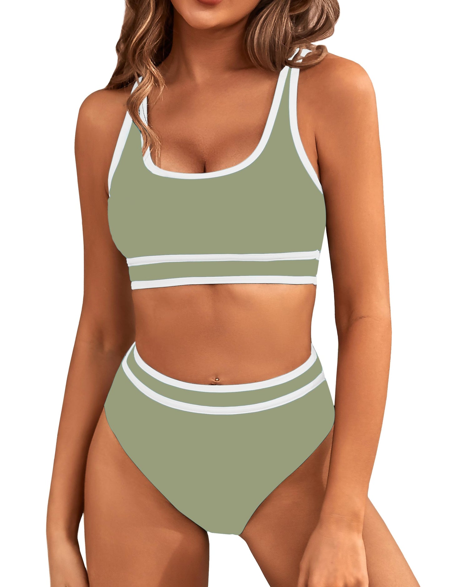 HOTBMJL Women's High Waisted Bikini Sets Sporty Two Piece Swimsuits Color Block Tummy Control Modest Bathing Suit