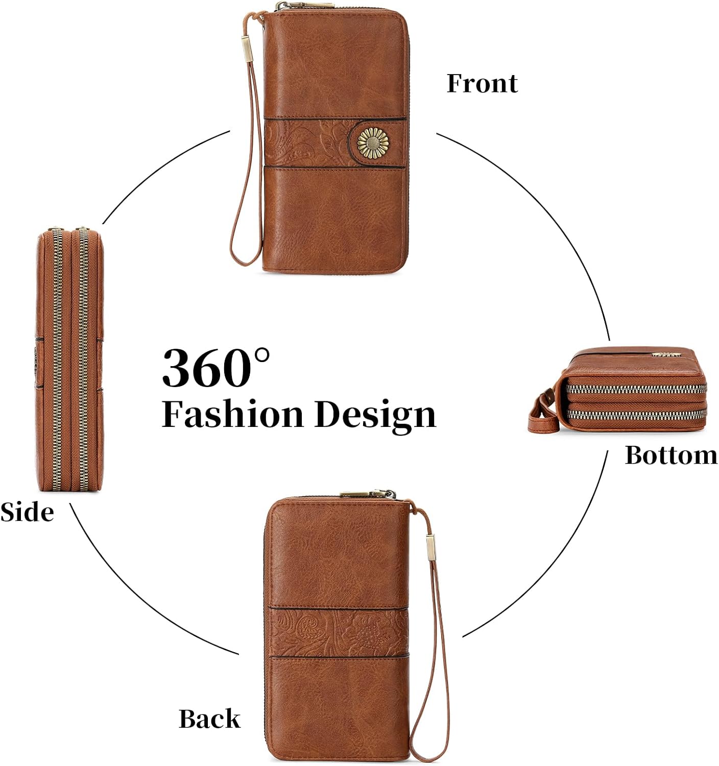 HOTSENDEFN Wallet for Women Leather Double Zipper RFID Blocking Card Holder, Large Capacity Clutch Wallet with Wristlet