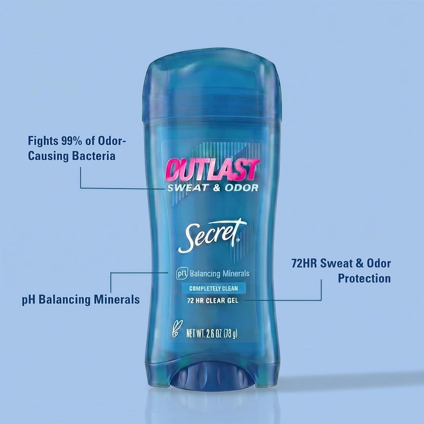 HOTSecret Outlast Antiperspirant Deodorant for Women, 72hr Sweat & Odor Protection, PH Balancing Minerals, Pro-Hyaluronic Acid, Clear Gel, Completely Clean Scent, 2.6 oz (Pack of 2)