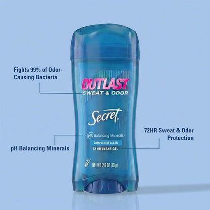 HOTSecret Outlast Antiperspirant Deodorant for Women, 72hr Sweat & Odor Protection, PH Balancing Minerals, Pro-Hyaluronic Acid, Clear Gel, Completely Clean Scent, 2.6 oz (Pack of 2)