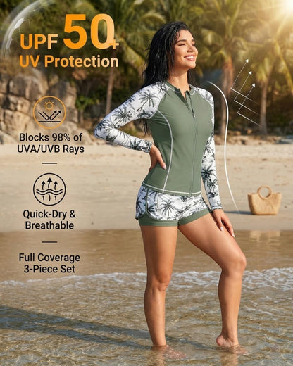 HOTDaci 3 Piece Rash Guard Set with 3'' Shorts | UPF 50+ Sun Protection, Long Sleeve Swim Shirt, High Rise, Built-in Bra, Removable Pads, for Beach, Pool, and Surfing