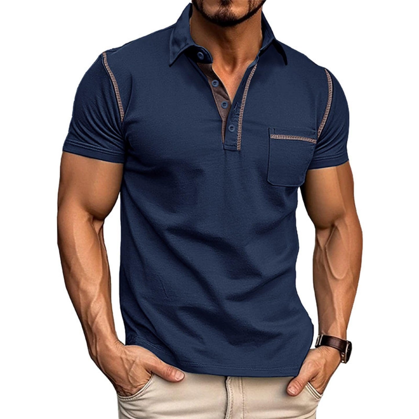 HOTMen's Fashion Polo Shirts Classic Short Sleeve Lightweight Button Cotton T-Shirt Casual Golf Tee Tops with Pocket